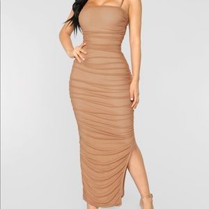 FASHIONNOVA Ruched Nude Maxi Dress